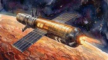 Ilustração: uma nave espacial cilíndrica com painéis solares e um motor em funcionamento, na superfície vermelha de Marte e um céu escuro e estrelado.