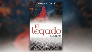 Portada del libro 'El legado Saoirse' de Mayra Potenza, mostrando una figura con capa roja encapuchada en un bosque otoñal sobre un patrón celta