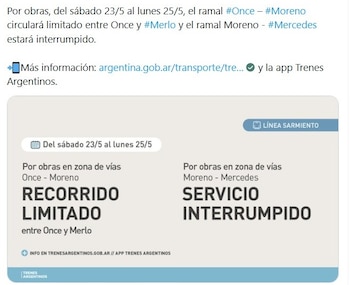 Captura de pantalla de una página web de Trenes Argentinos que detalla los cambios en el servicio de la Línea Sarmiento debido a obras en las vías