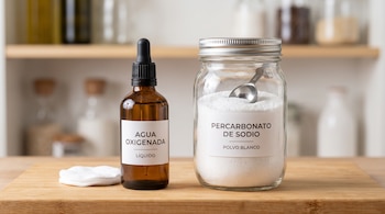 Un frasco de vidrio oscuro con gotero, un tarro transparente con polvo blanco y discos de algodón sobre una tabla de madera.
