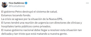 El alcalde alertó sobre el estado del sistema y la situación de la Nueva EPS. - crédito @FicoGutierrez/X