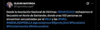 La Asociación Nacional de Víctimas del Conflicto Armado rechazó el crimen y pidió la liberación de los secuestrados en Norte de Santander. (@OlguinMayorgaP / X)