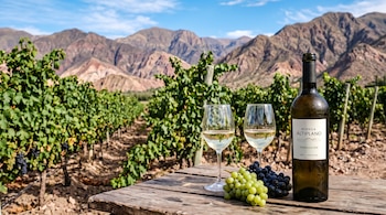 Una botella de vino, dos copas llenas y racimos de uvas sobre una mesa de madera frente a hileras de vides y montañas.