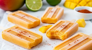 Cinco paletas de mango picositas con chile en polvo sobre papel blanco, una mordida. Trozos de mango, limas y un cuenco con chile en polvo al fondo.