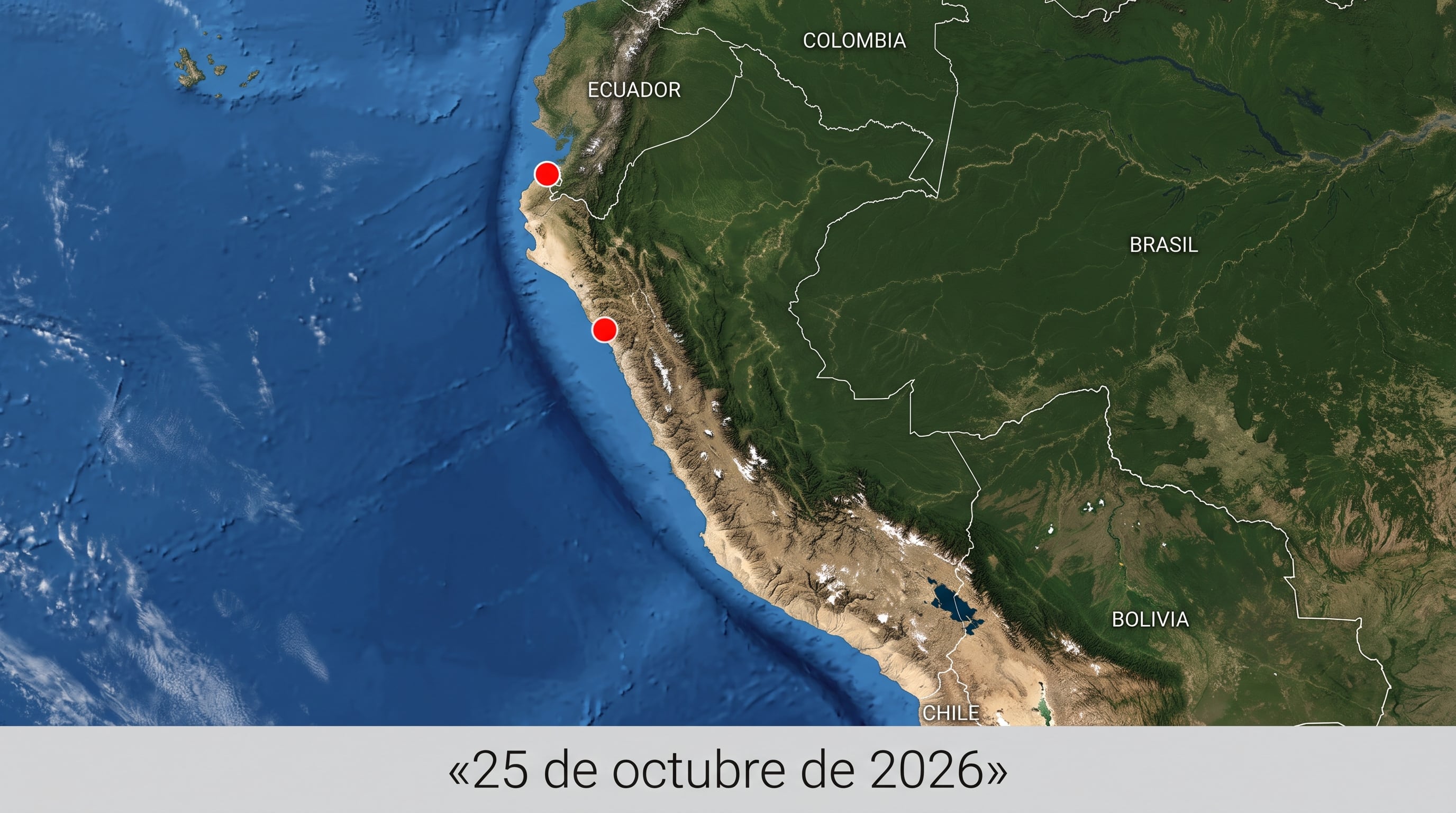Una vista satelital de Perú ubica dos puntos rojos en las regiones de Tumbes y La Libertad junto a la fecha del 25 de octubre de 2026. (Imagen Ilustrativa Infobae)
