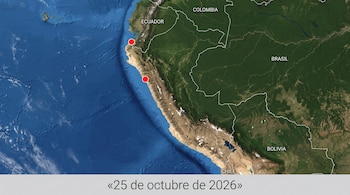 Mapa satelital de Perú y países limítrofes con dos puntos rojos en la costa y un texto inferior que indica 25 de octubre de 2026.
