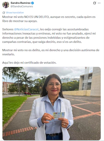 Ramírez aclaró en redes sociales que pese a la polémica su voto no fue anulado - crédito @SandraComunes / X