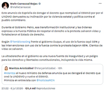 Mafe Carrascal advirtió sobre el regreso del Esmad y denunció riesgo para los derechos ciudadanos - crédito @MafeCarrascal/X