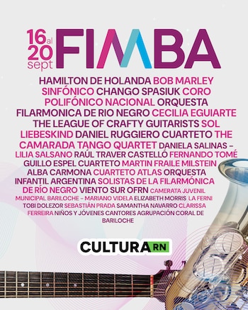 Cartel con el texto FIMBA del 16 al 20 de septiembre, una lista de artistas, el logotipo de Cultura RN y detalles de una guitarra y un saxofón