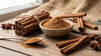 Canela en rama atada, canela en polvo en un cuenco y cuchara, anís estrellado sobre madera con tela de yute.