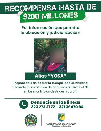 Alias Yosa es identificado como presunto responsable de colocar banderas del ELN en Jardín y Andes, Suroeste antioqueño - crédito @AndresJRendonC / X