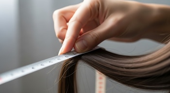 Primer plano de una mano sujetando una cinta métrica blanca contra un mechón de cabello castaño oscuro, mostrando las marcas de medición.