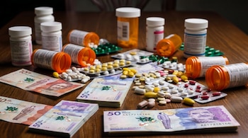 Frascos de pastillas, blísters de varios medicamentos y billetes de pesos colombianos (10.000 y 50.000) esparcidos sobre una mesa de madera.