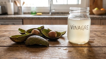 Cáscaras de aguacate y semillas en una mesa de madera, junto a un frasco de vidrio con líquido y la palabra VINAGRE. Gotas de líquido y una cocina borrosa al fondo.