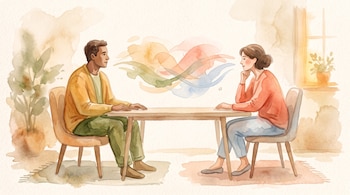 Un hombre y una mujer están sentados frente a frente a una mesa de madera, con trazos de pintura de colores flotando entre ambos.