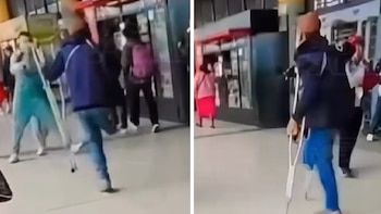 En plena estación de Transmilenio, hombre en condición de discapacidad dejó sus muletas y se enfrentó a cuchillo a otro pasajero
