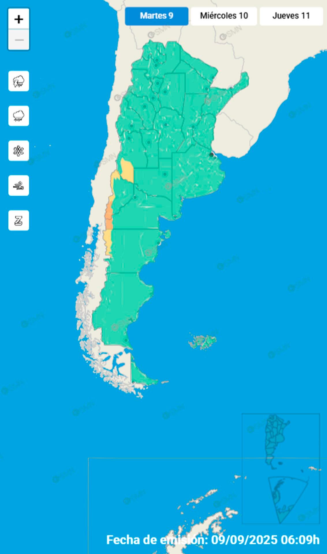 El SMN indicó alertas naranjas y amarillas por lluvias y nevadas en una parte de la región patagónica argentina.