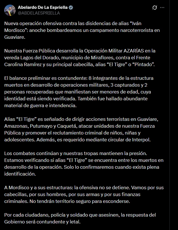 Abelardo de la Espriella señaló que alias El Tigre está acusado de ejecutar acciones terroristas en distintos departamentos del país y de atacar a la fuerza pública - crédito @ABDELAESPRIELLA/X