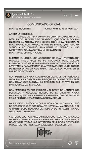 El comunicado completo que subió L-Gante en sus historias