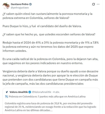 Petro responsabiliza al gobierno de Iván Duque por los niveles históricos de pobreza y enfatiza los logros de su administración - crédito @petrogustavo/X