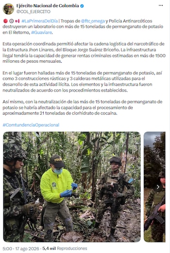 Incautan insumos para procesar 21 toneladas de clorhidrato de cocaína en operación conjunta - crédito @COL_EJERCITO/X