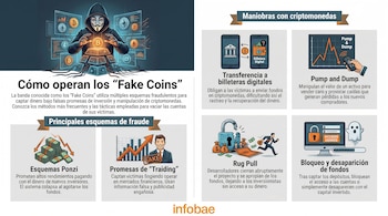 Infografía sobre fraudes con criptomonedas. Muestra un hacker enmascarado, Bitcoin y Ethereum, y diagramas de estafas como Ponzi, Pump & Dump y Rug Pull.