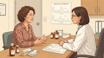 Ilustración de una mujer en consulta médica, sentada frente a una doctora. En la mesa, frascos y cajas de medicamentos; en el fondo, resultados de laboratorio y gráficos de hormonas.