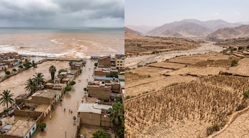 Vista dividida de Perú: un pueblo costero inundado con personas caminando en calles anegadas y un campo agrícola árido con tierra agrietada y cultivos secos.