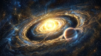 Una estrella brillante al centro rodeada por un disco de gas dorado y azul con un planeta gigante a la derecha en un surco del disco.