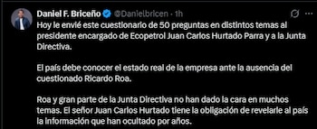 En su cuenta de X, Daniel Felipe Briceño anunció el envío de un derecho de petición a Ecopetrol para esclarecer dudas sobre la gestión de la compañía - crédito Daniel Briceño/X
