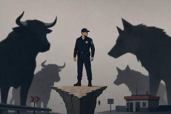 Un agente policial sobre una roca agrietada rodeado por sombras de toros y lobos, con una pequeña edificación al fondo.