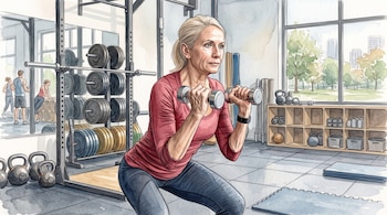 Ilustración en acuarela de una mujer que realiza una sentadilla con dos mancuernas en las manos dentro de un gimnasio.