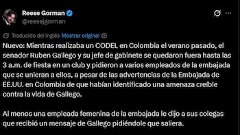 La permanencia de Gallego en un club nocturno hasta la madrugada generó inquietud entre funcionarios estadounidenses sobre los protocolos de seguridad, según indicó el periodista de Notus, Reese Gorman, en sus redes sociales - crédito @reesejgorman/X