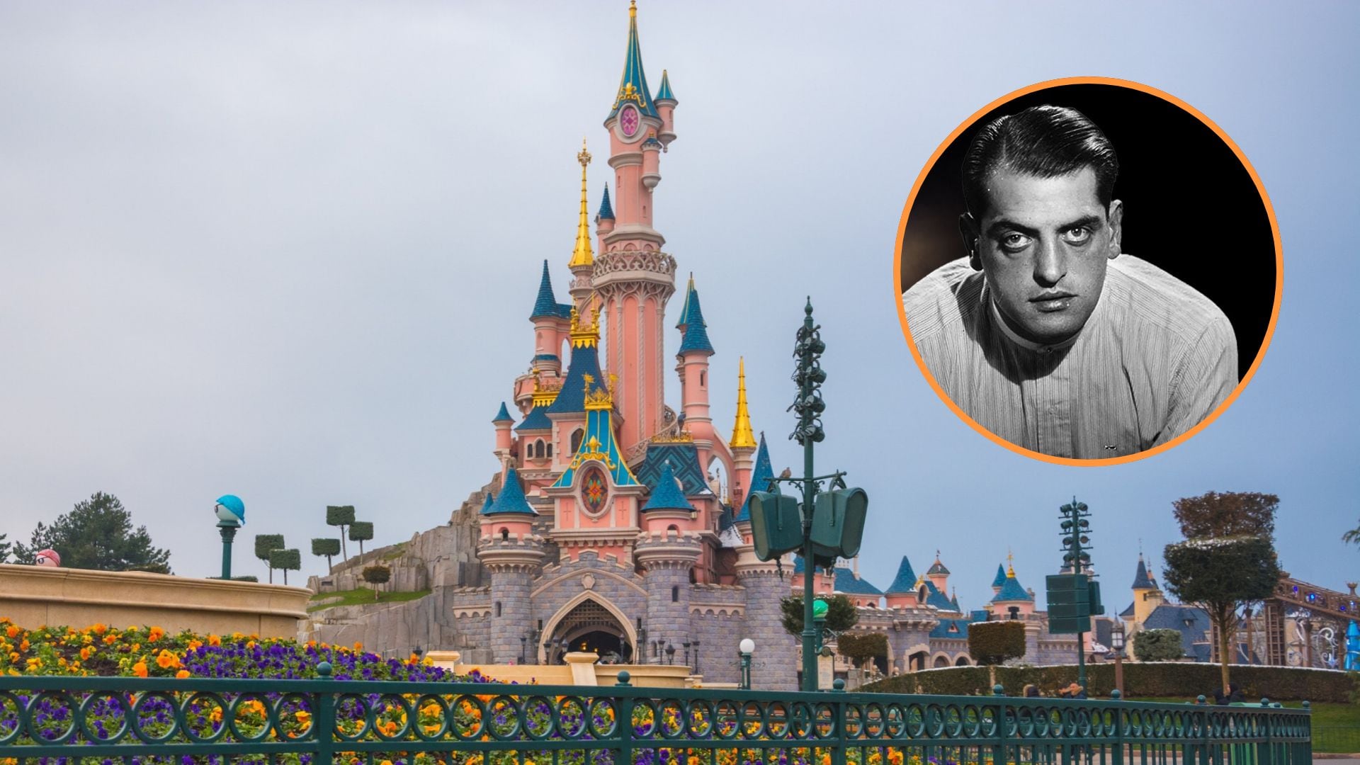 Imagen de Disneyland París, junto a una fotografía de Luis Buñuel. (Montaje de Infobae)