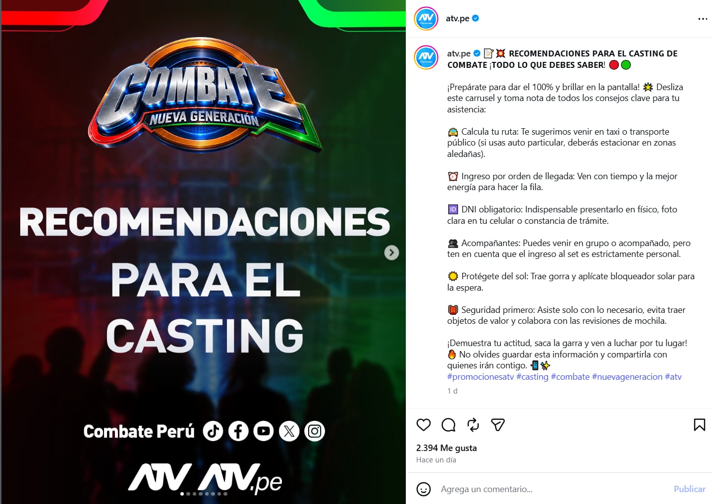 Una publicación de ATV en redes sociales detalla las indicaciones logísticas para los postulantes al casting del programa Combate en Perú.