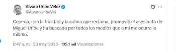 El expresidente Álvaro Uribe Vélez aseguró que el candidato Iván Cepeda promovió el asesinato de Miguel Uribe - crédito @AlvaroUribeVel/X