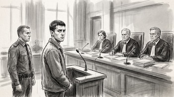 Ilustración a lápiz en blanco y negro de un joven frente a un estrado, custodiado por un guardia, mientras tres jueces sentados observan.