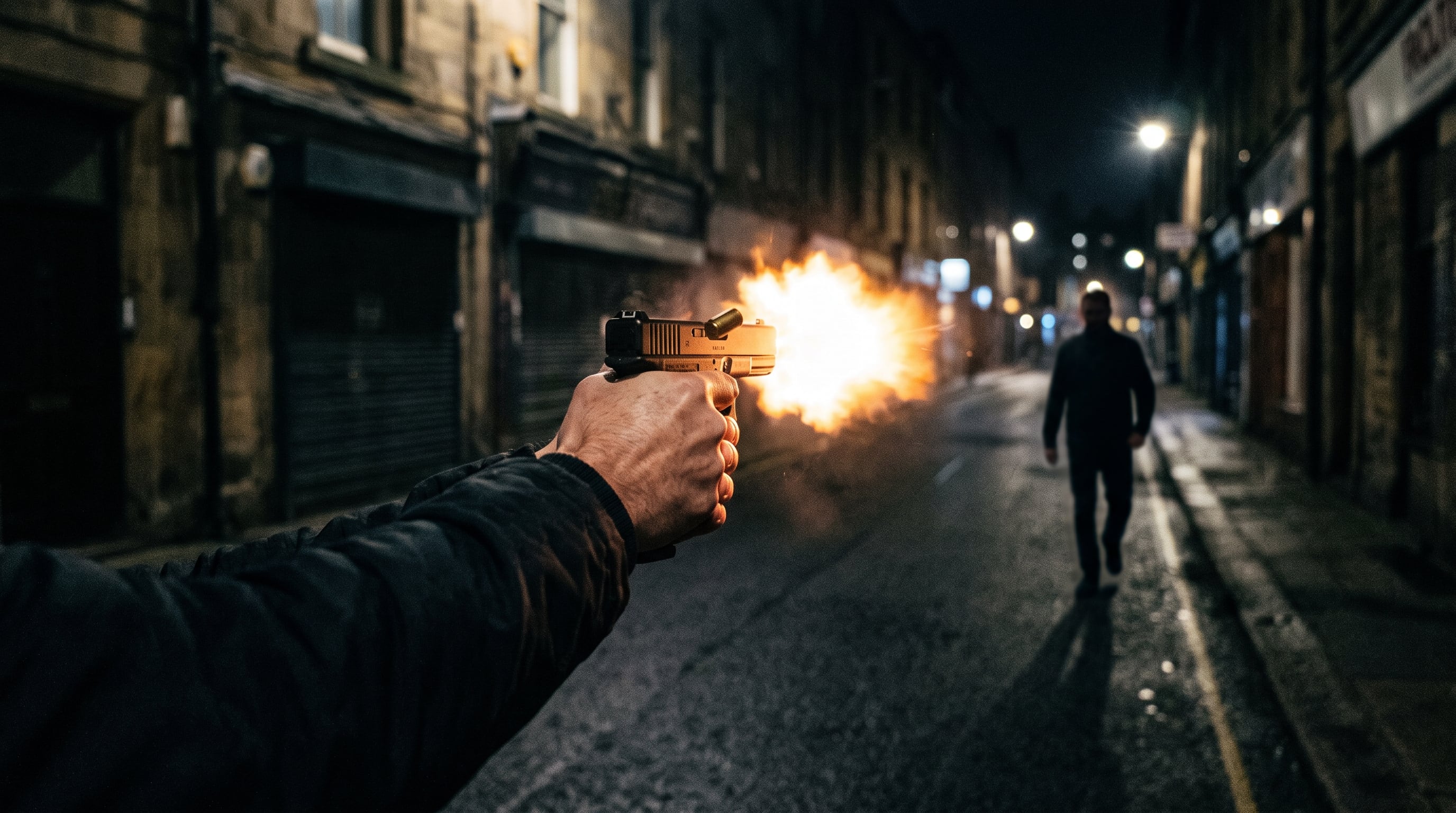 Una persona sostiene un arma de fuego que emite un fogonazo en una calle oscura por la que camina un hombre al fondo. (Imagen Ilustrativa Infobae)