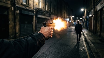 Una mano con una pistola que dispara y produce un fogonazo en una calle nocturna mientras un hombre camina al fondo.