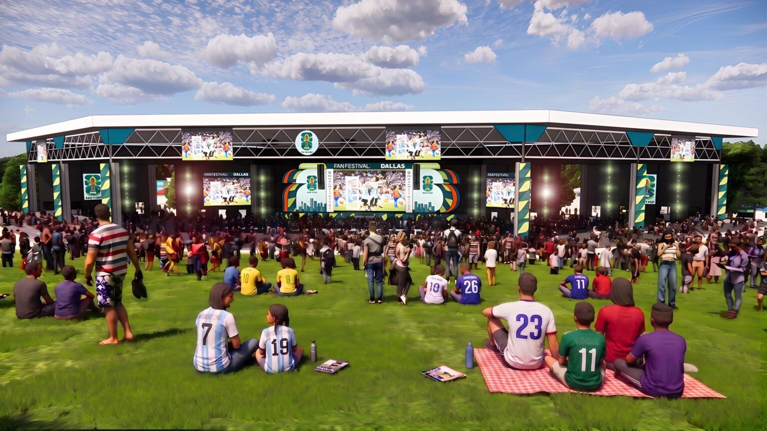 The Pavilion con miles de aficionados mientras los partidos y las actuaciones estelares iluminan las enormes pantallas del escenario principal. Foto: dallasfwc2026
