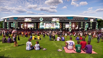 The Pavilion con miles de aficionados mientras los partidos y las actuaciones estelares iluminan las enormes pantallas del escenario principal. Foto: dallasfwc2026