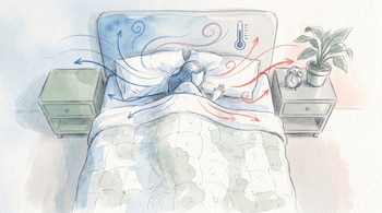 Ilustración de acuarela de una persona durmiendo en cama desde arriba. Flechas azules y rojas indican termorregulación. Incluye un termómetro, reloj y planta.