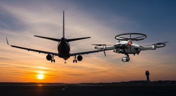 Silueta de un avión de pasajeros aterrizando o despegando al atardecer, con un dron blanco y negro volando a su derecha, y una torre de control de aeropuerto en la distancia.