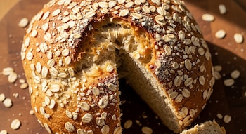 Pan de avena redondo y dorado con una rebanada cortada, revelando el interior esponjoso. La corteza está cubierta de hojuelas de avena y se encuentra sobre una tabla de madera.