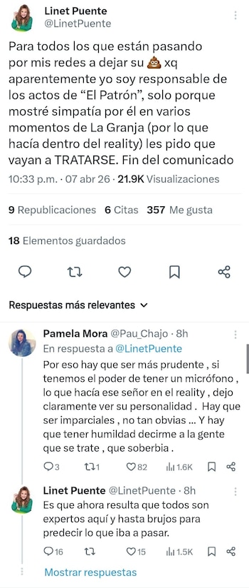Captura de pantalla de un feed de Twitter mostrando un tuit de Linet Puente en el que denuncia acoso, con su foto de perfil, el texto del tuit y respuestas