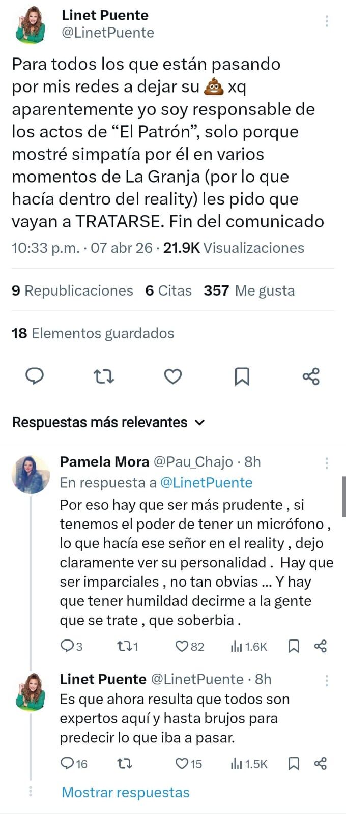 Linet Puente publica un tuit en el que denuncia acoso digital y ataques por mostrar simpatía hacia Alberto del Río, refiriéndose al caso como una situación que ha generado controversia en sus redes sociales. (Captura de pantalla: X)