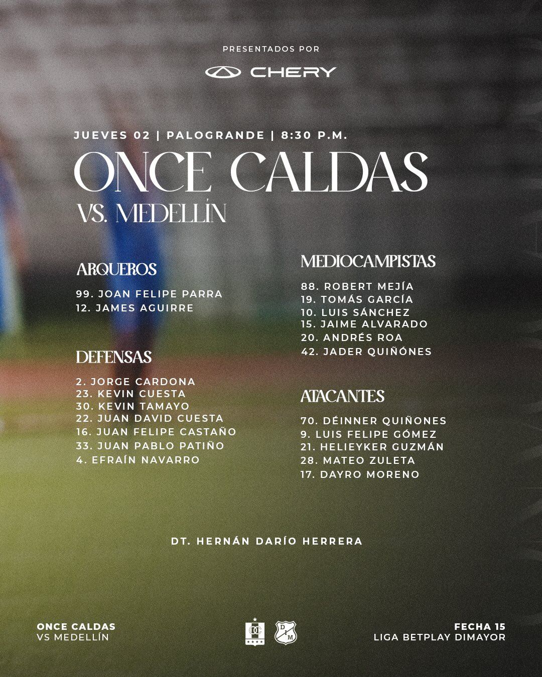 Estos son los convocados de Once Caldas para enfrentar al Medellín en el estadio Palogrande - crédito Once Caldas