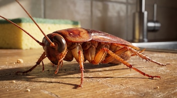 Primer plano de una cucaracha americana sobre una superficie de madera de cocina con migas, una esponja y un grifo borroso al fondo.