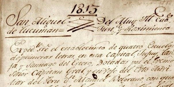 Primera hoja del reglamento que el propio Belgrano redactó para el funcionamiento de las cuatro escuelas que proyectó crear con el premio que el gobierno le otorgó por sus victorias