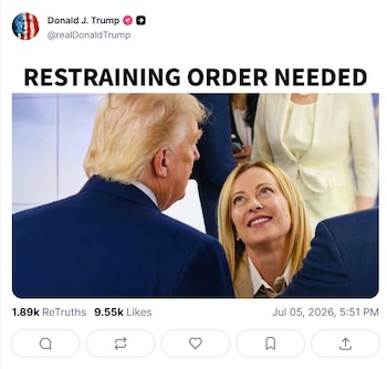 El mensaje de Trump, convertido casi de inmediato en un meme viral pensado para ridiculizar a Meloni. (Truth Social Donald J. Trump/@realDonaldTrump/captura de pantalla)